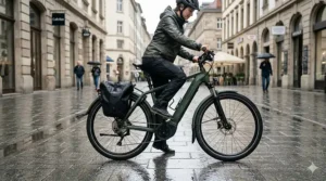 A rider mounting a step-through electric bike equipped with sturdy fenders and a rear pannier bag.
