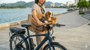 A vintage-style teal step-through electric bike featuring a brown wicker basket and leather seat.