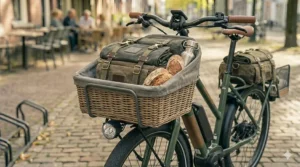 A white step-through electric bike with a silver rear rack, designed for easy mounting and utility.