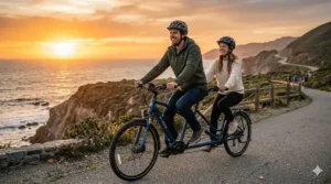 An illustration of a two-seater tandem electric bike designed for couples.