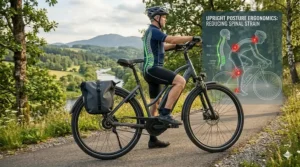 Illustration showing the 90-degree upright seating position on an e-bike to reduce spinal strain.