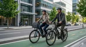 A couple riding sleek city electric bikes through a modern downtown bike lane.