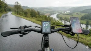 IP67 waterproof electric bike LCD display with raindrops on the screen surface.