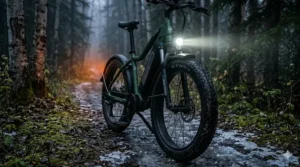 High-visibility integrated LED lighting system on an all season electric bike for dark winter commutes.