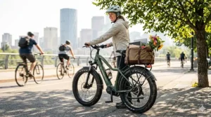 An all season electric bike equipped with a rear cargo rack for summer commuting in sunny weather.
