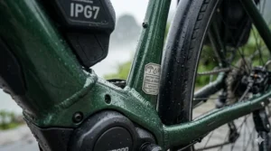 Close-up illustration of a rust-resistant aluminum e-bike frame designed to withstand high humidity and salt air.