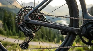 Detailed view of a rear derailleur and cassette on an electric bike with gears.