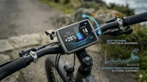 A 4K photorealistic close-up illustration of an e-bike digital display unit showing wind resistance metrics, adaptive range estimation, and elevated power consumption data for riding in strong headwinds.