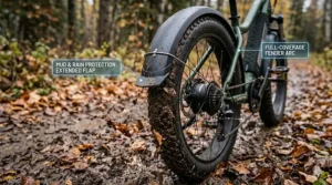 Detailed view of full-coverage fenders on an all season electric bike to prevent mud spray in wet conditions.