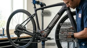 Cutaway view of an electric bike frame featuring an internal gear hub and integrated battery.