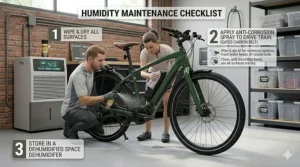 Infographic illustration showing a rider applying anti-corrosion spray to an electric bike after riding in heavy humidity.