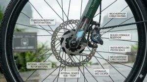 Illustration of hydraulic disc brakes on an e-bike, providing consistent stopping power in damp, humid riding conditions.