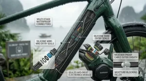 Illustration showing protected internal cable routing on an electric bike to prevent wire corrosion in humid climates.