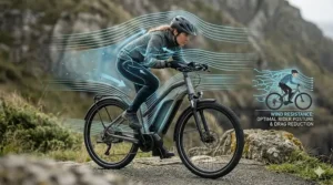 A 4K photorealistic illustration of a rider adopting a tucked, aggressive posture on an electric bike with a glowing blue schematic overlay demonstrating optimal rider posture and drag reduction.