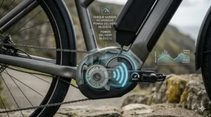 A 4K photorealistic close-up illustration of a bottom bracket torque sensor with a pulsing blue signal graphic and technical label emphasizing responsive power delivery during sudden wind gusts.