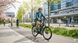 A stylized illustration of a commuter on an electric bike passing green city parks during a sunny spring morning.