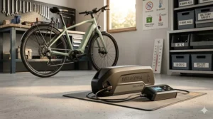 Illustration showing how to store an electric bike battery during cool autumn temperatures.