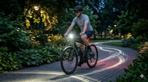 An electric bike with integrated LED lights turned on for a cool evening ride on a warm summer night.
