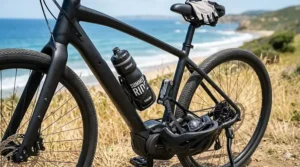 Close-up of an electric bike frame with a water bottle holder and summer riding gear.