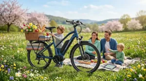A colorful illustration of an electric cargo bike loaded with a picnic basket and flowers in a green meadow.
