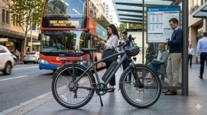 A silver electric commuter bike under $600 featuring a rear cargo rack and LED headlights for daily city travel.