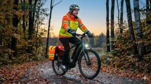An e-bike rider wearing a reflective jacket and lights for shorter fall days.