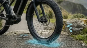 A 4K photorealistic close-up illustration of the front wheel of an electric bike featuring a wide, rugged fat tire with a pulsing blue overlay highlighting increased traction and stability in crosswinds.