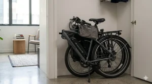Lightweight folding electric bike under $600 collapsed for easy storage in a small apartment or car trunk.