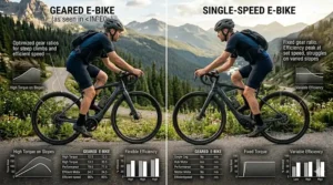 Infographic comparing the efficiency of an electric bike with gears versus a single-speed model.