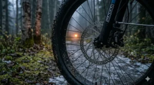 Illustration of hydraulic disc brakes providing stopping power for an all season electric bike in rain or ice.