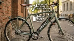 Illustration showing a hidden downtube battery inside the frame of a modern single speed electric bike.