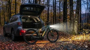 Illustration of bright integrated LED lights on an electric bike during a dark fall evening.