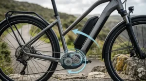 A 4K photorealistic close-up illustration of the dark grey electric bike frame featuring a detailed semi-transparent cutaway overlay revealing the internal mid-drive motor unit for optimized stability in wind.