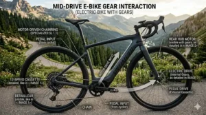 Diagram of a mid-drive electric bike with gears explaining how the motor leverages the bike's chainring.