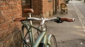 Minimalist handlebars of a single speed electric bike featuring a small LED battery indicator and no gear shifters.