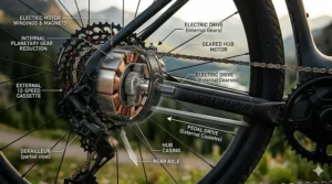 Illustration showing the integration of a rear hub motor and a multi-speed gear system on an e-bike.