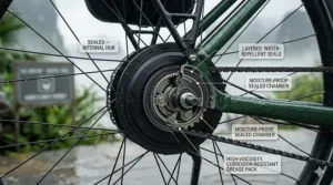 Diagram of a sealed internal gear hub on an electric bike, preventing moisture buildup and rust in tropical environments.