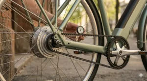 Detailed view of a grease-free carbon belt drive on a single speed electric bicycle.
