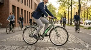 A commuter effortlessly riding a single speed electric bike through a bike lane in traffic.