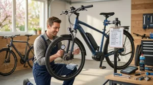 An illustration of an electric bike being tuned up for spring, including tire pressure checks and battery charging.