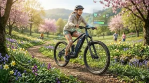 An illustration depicting the health benefits of riding an electric bike for exercise during the spring season.