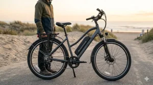 White step-through electric bike under $600 designed for easy mounting and comfortable upright riding.