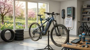 An illustration showing an electric bike neatly stored in a garage, ready for its first spring ride of the year.