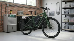 Illustration of an electric bike stored in a dry, ventilated indoor area to protect electrical components from ambient humidity.