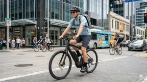 A commuter using an electric bike to navigate city streets in light summer clothing to stay cool.