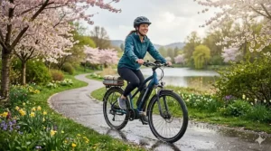 An e-bike with fenders riding through a light spring rain shower to demonstrate weather resistance.