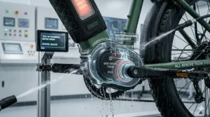 Illustration highlighting IP65 waterproof rated components on an all season electric bike.