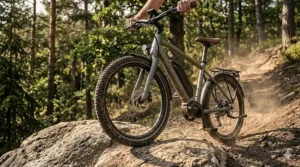 All-terrain electric bike under $1200 handling a steep dirt incline.