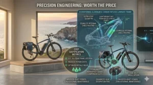 Illustrated comparison of lightweight carbon fiber and aluminum frame geometry used in high end electric bikes.