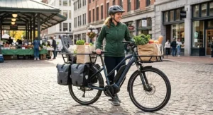 A heavy-duty utility electric bike around $1500 loaded with grocery bags on the front and rear racks.
